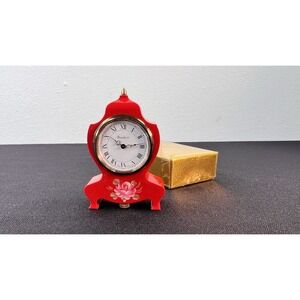 Vtg Miniature Eluxa / Boudoir Swiss Wind Up Clock w Painted Rose